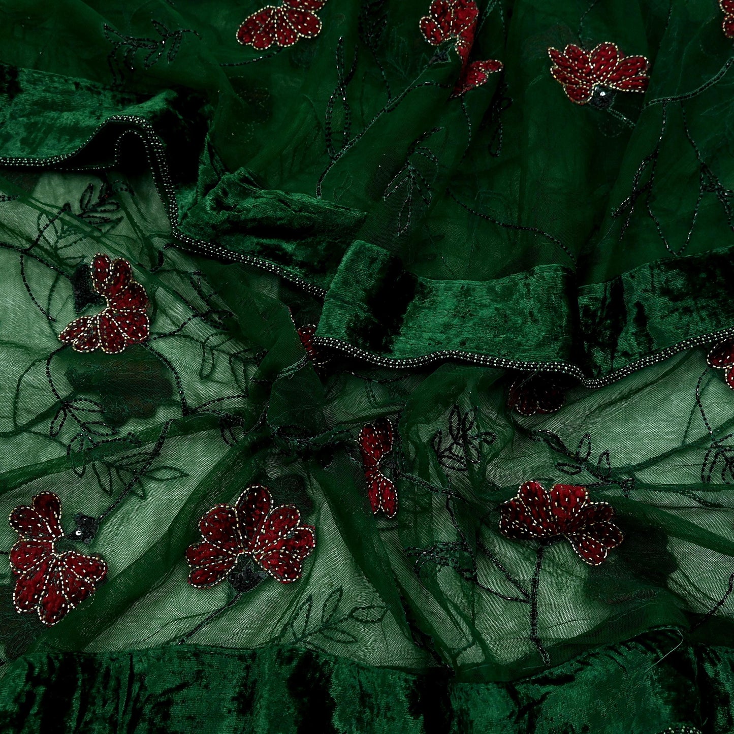 Indian Vintage Heavy Green Dupatta Net Mesh Long Stole Hand Embroidered Scarves Glass Beaded Sequins Hijab Veil wrap Boho