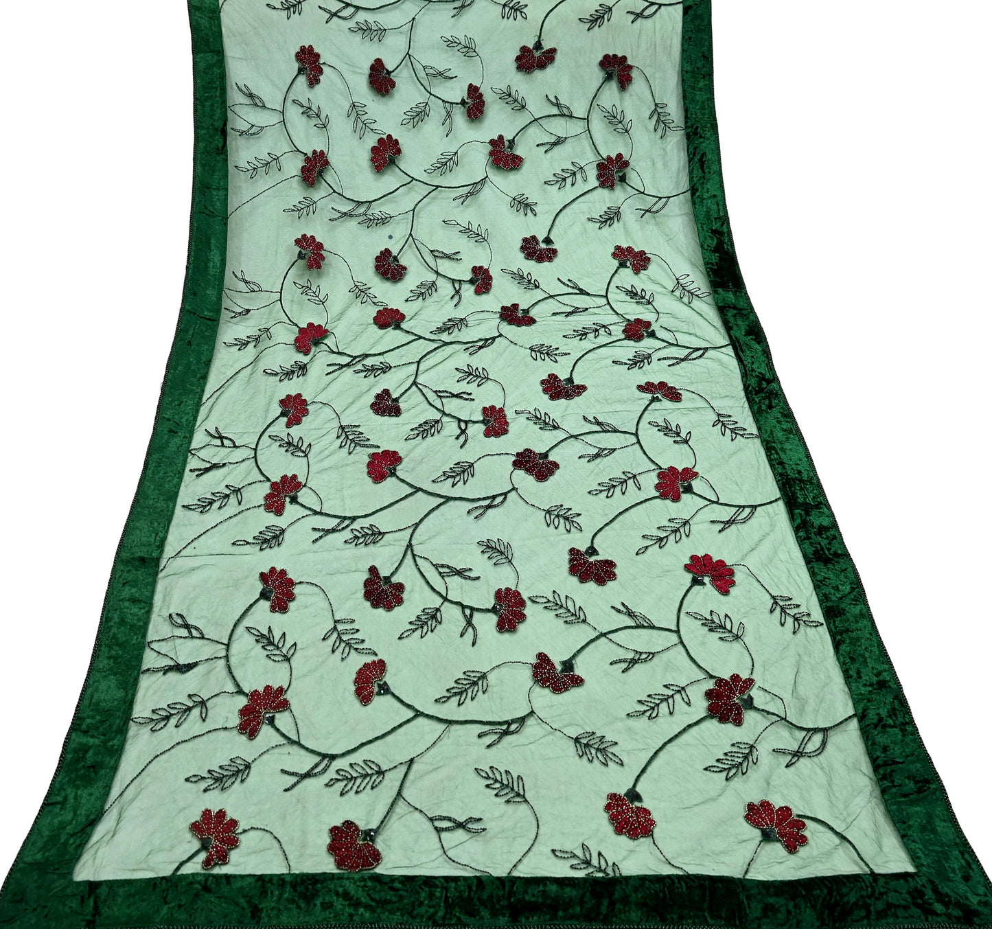 Indian Vintage Heavy Green Dupatta Net Mesh Long Stole Hand Embroidered Scarves Glass Beaded Sequins Hijab Veil wrap Boho