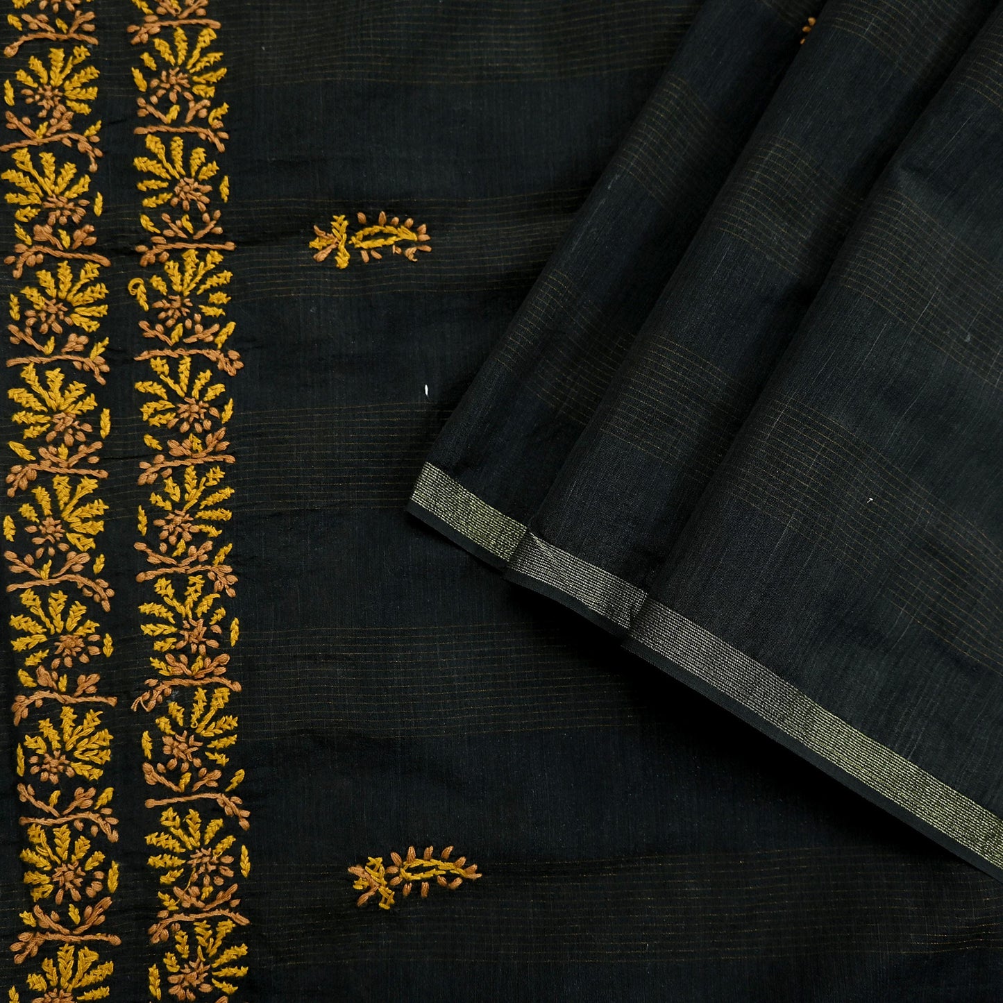 Indian Vintage Dupatta Black Long Stole Pure Chanderi silk Handmade Chikankari Scarves Veil Scarf Wrap Floral Design