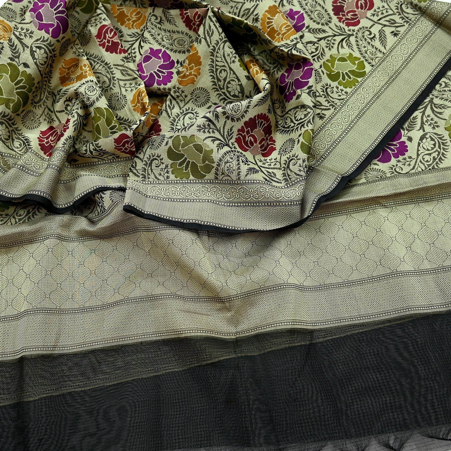 Indian Vintage Black Dupatta Long Stole Artificial Silk Woven Brocade Scarves Veil Scarf Wrap Hippie Boho Soft Floral Fringes