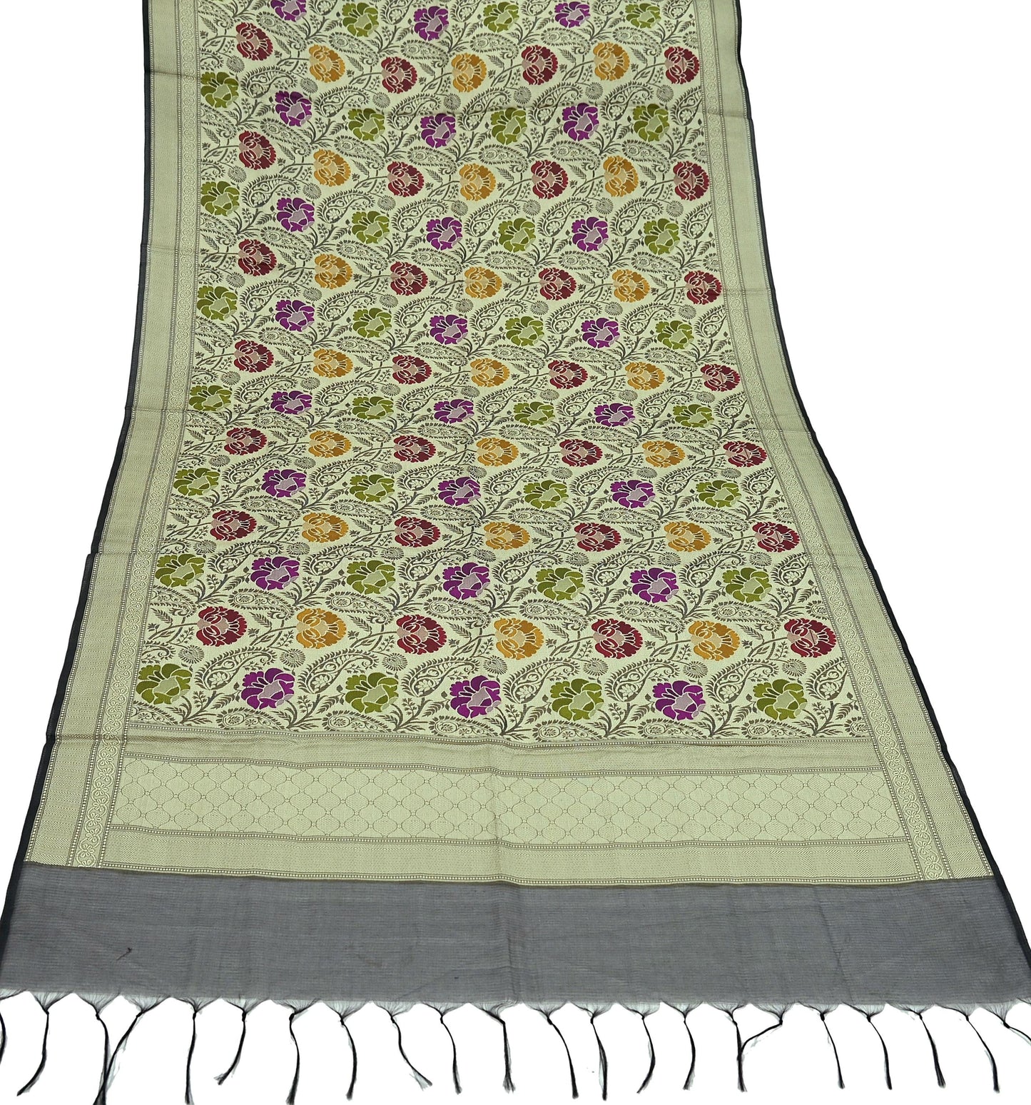 Indian Vintage Black Dupatta Long Stole Artificial Silk Woven Brocade Scarves Veil Scarf Wrap Hippie Boho Soft Floral Fringes