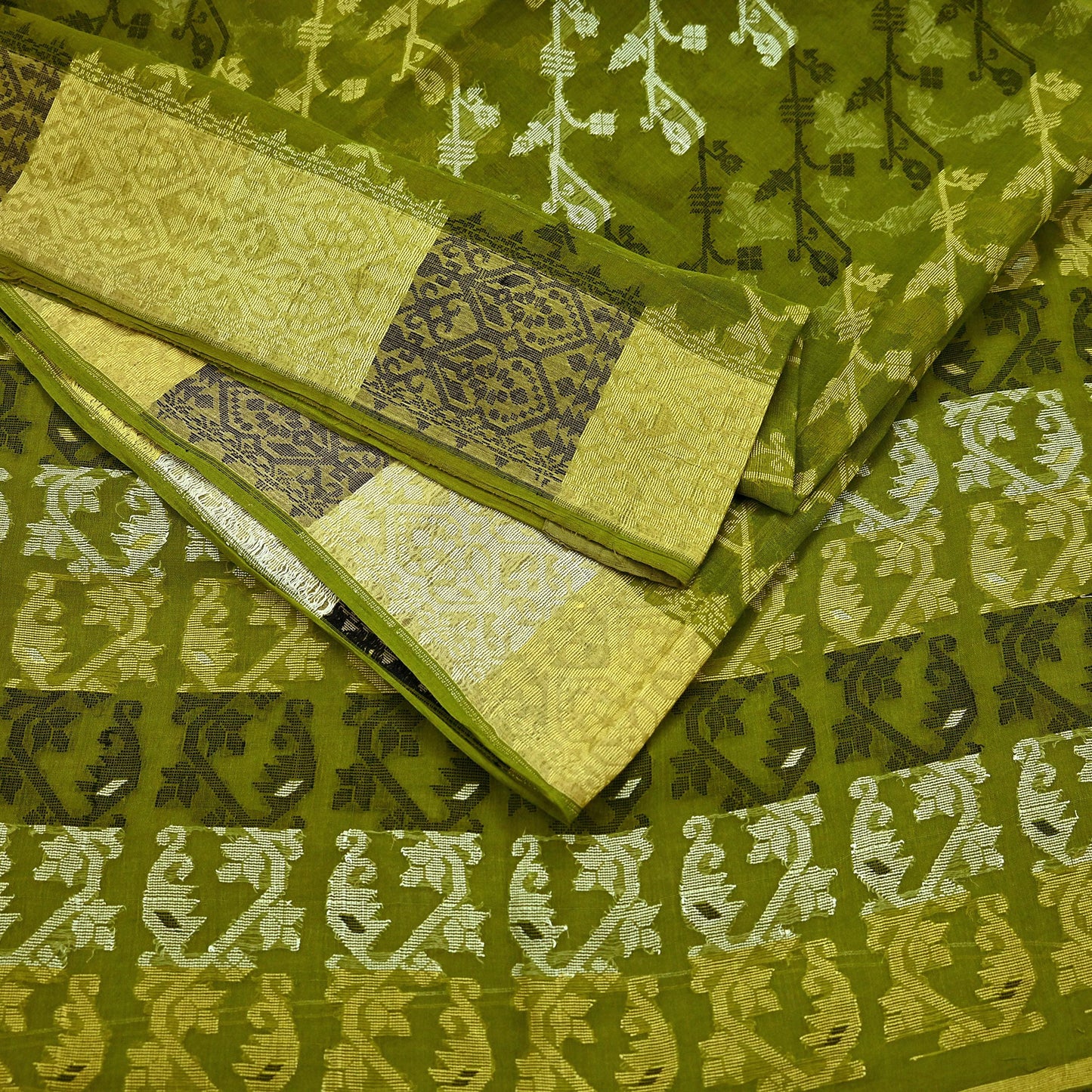Indian Vintage Sarees Green Pure Cotton Hand Woven Jamdani Sari 5yd Ethnic Floral Craft Fabric Dress making Upcycle Crafting Quilting