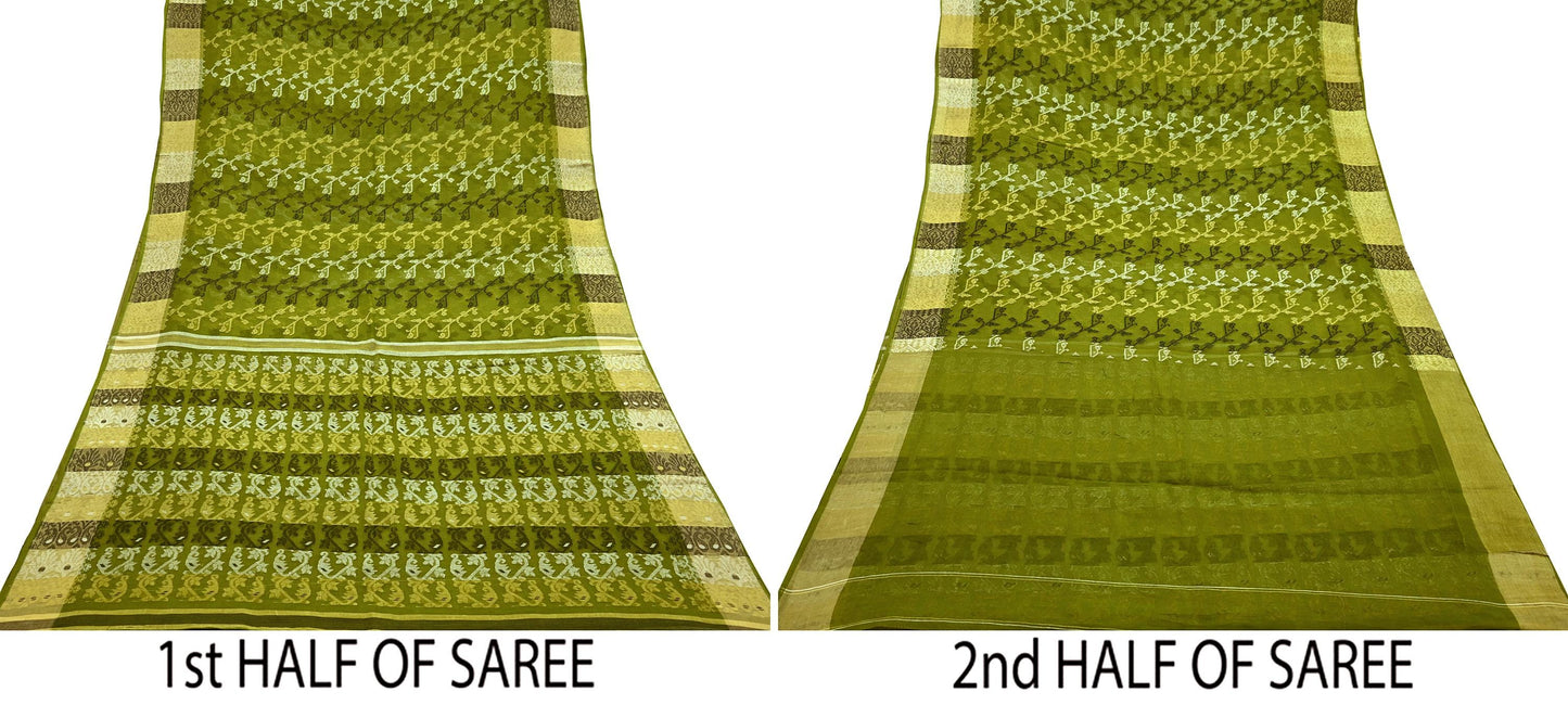 Indian Vintage Sarees Green Pure Cotton Hand Woven Jamdani Sari 5yd Ethnic Floral Craft Fabric Dress making Upcycle Crafting Quilting