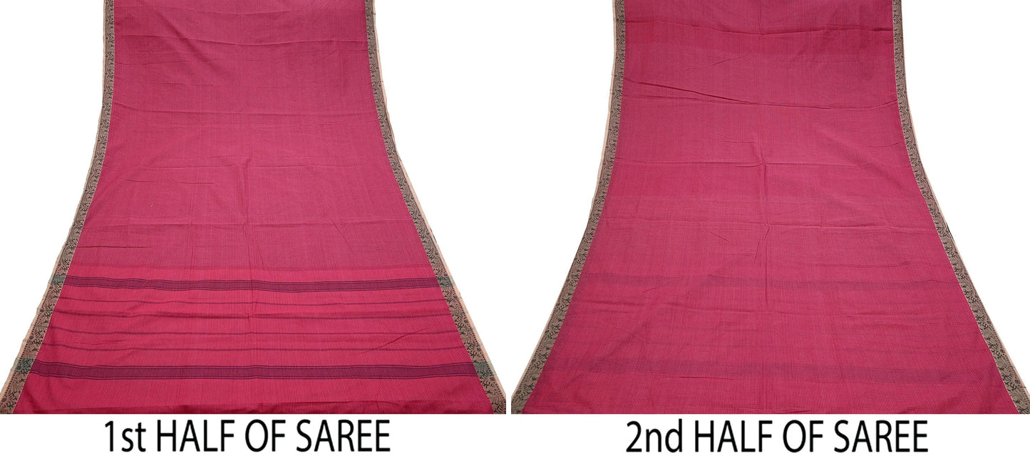 Indian Vintage Sari Pink Pure Cotton Hand Woven Sarees Craft Fabric 5yd Ethnic Paisley Crafting Upcycle Quilting Dress Making