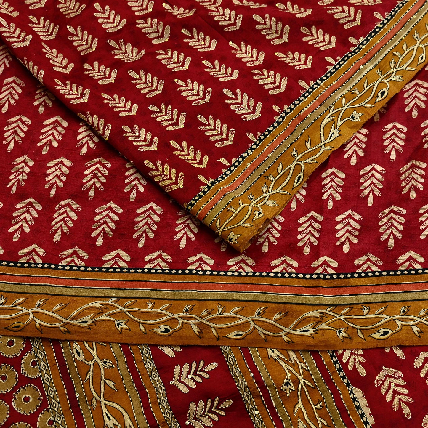 Indian Vintage Sari Red & Saffron Pure Silk Hand Embroidered Kantha Saree Fabric 5yard Sewing Floral Soft Sequins Dress making Crafting