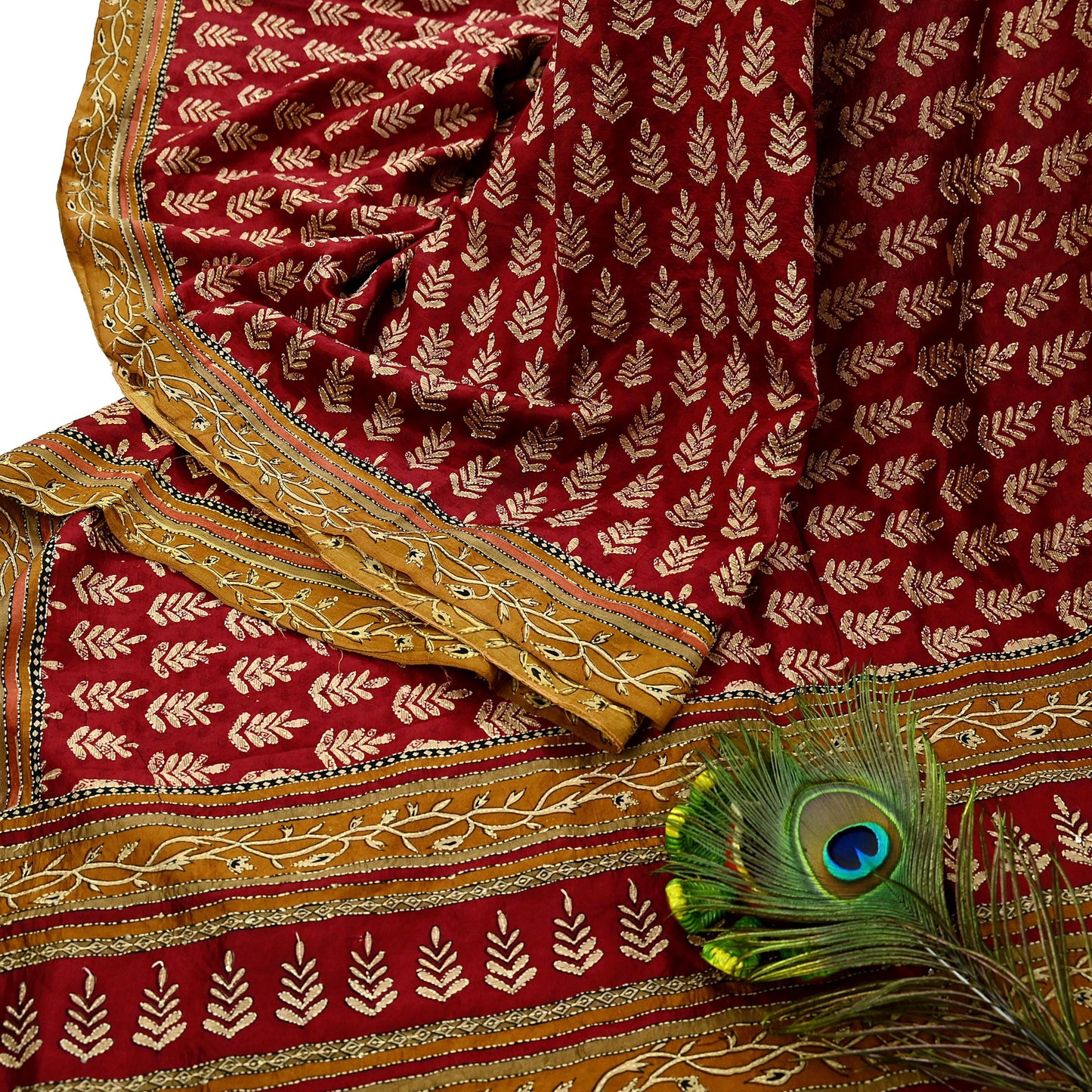 Indian Vintage Sari Red & Saffron Pure Silk Hand Embroidered Kantha Saree Fabric 5yard Sewing Floral Soft Sequins Dress making Crafting