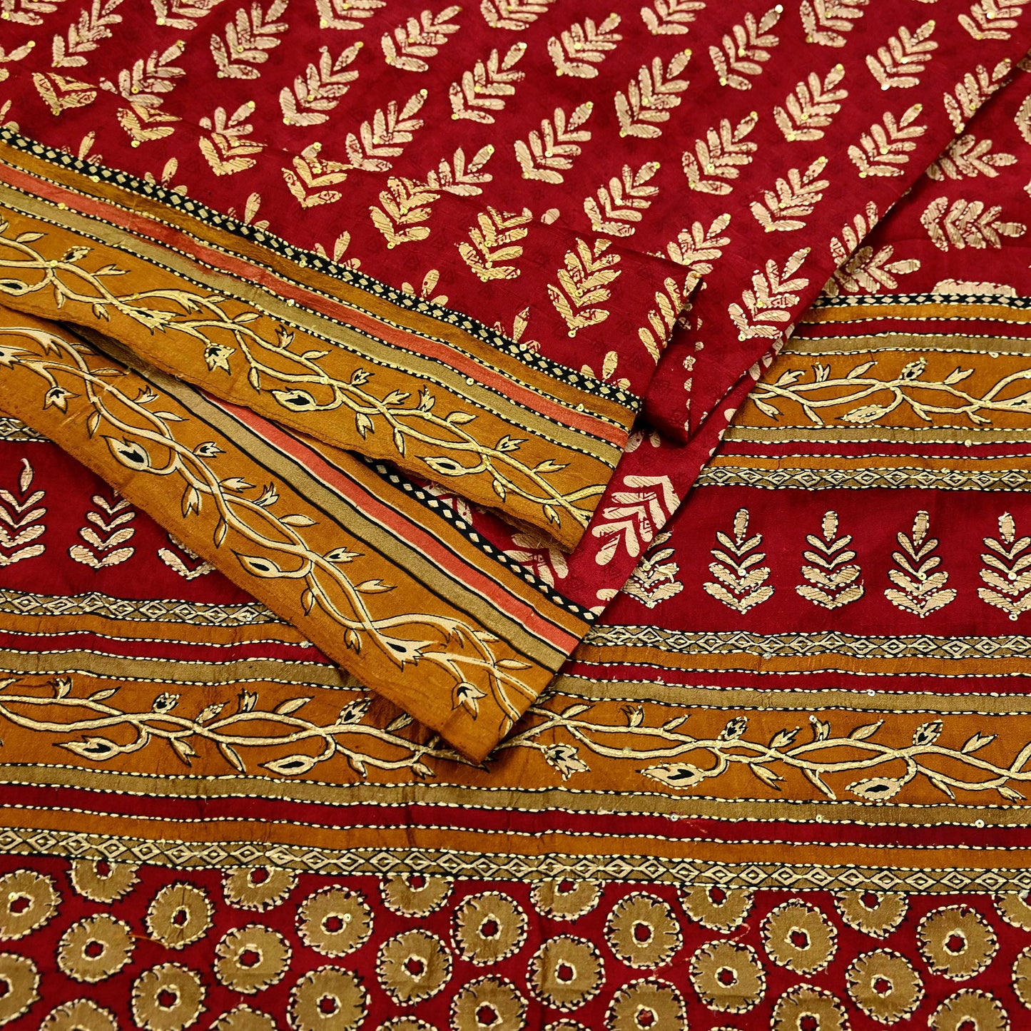 Indian Vintage Sari Red & Saffron Pure Silk Hand Embroidered Kantha Saree Fabric 5yard Sewing Floral Soft Sequins Dress making Crafting
