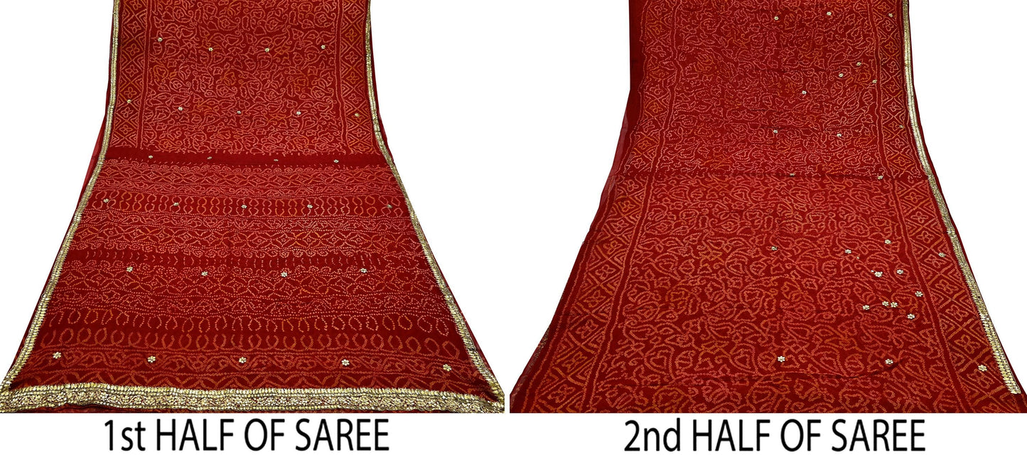 Indian Vintage Red Saree Pure Georgette Silk Hand Embroidered Bandhani Printed Sari Fabric 5yard Soft Zardozi Craft Fabric Soft Gota Patti