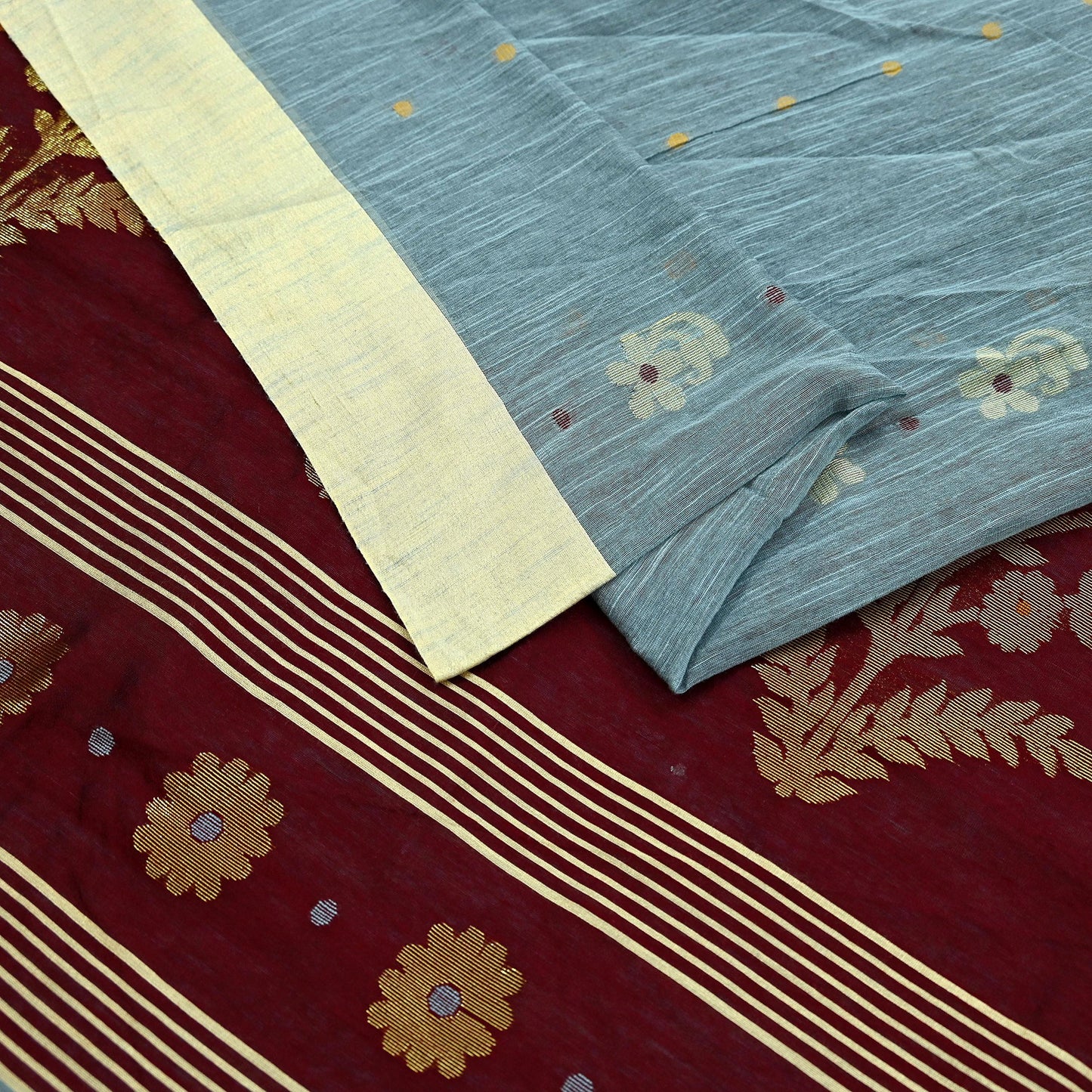 Indian Vintage Sari Gray & maroon Pure Cotton Hand Woven Sarees Craft Fabric 5yd Ethnic Crafting Upcycle Quilting Dress Making Fringes