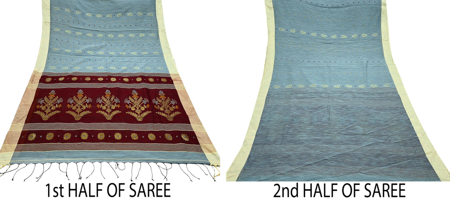 Indian Vintage Sari Gray & maroon Pure Cotton Hand Woven Sarees Craft Fabric 5yd Ethnic Crafting Upcycle Quilting Dress Making Fringes