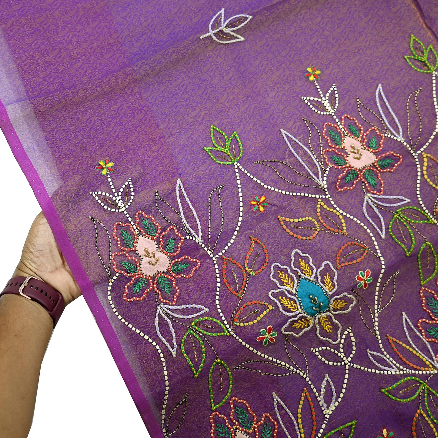 Indian Vintage Sari Purple Hand Embroidered Saree Pure Organza Silk Craft Fabric 5Yd Ethnic Dress Making Crafting Quilting