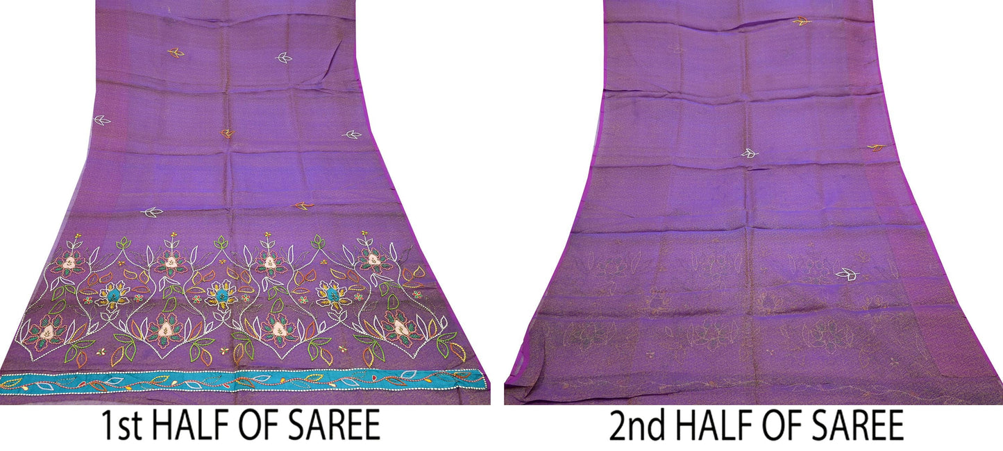 Indian Vintage Sari Purple Hand Embroidered Saree Pure Organza Silk Craft Fabric 5Yd Ethnic Dress Making Crafting Quilting
