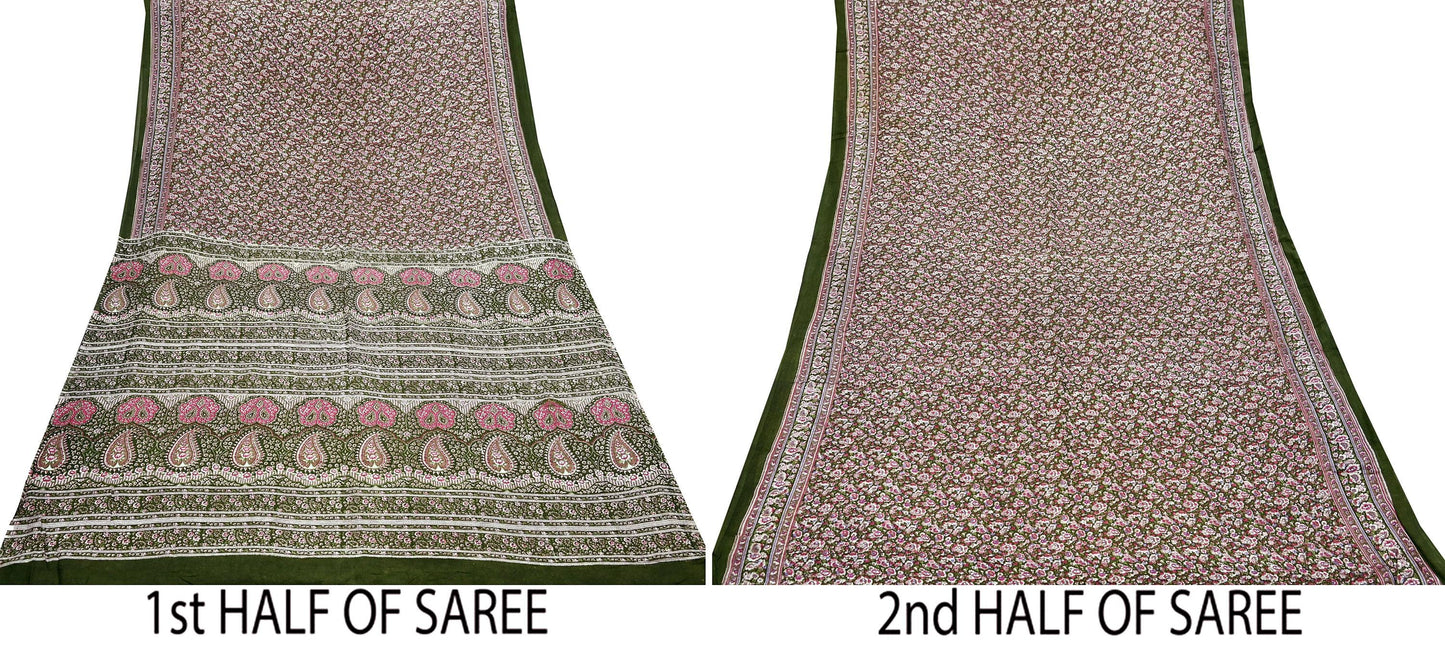 Indian Vintage Sari Green Printed Pure Cotton Sarees Fabric Floral 5Yd Sarong Wrap Boho Fabric Kimono Dress making Crafting