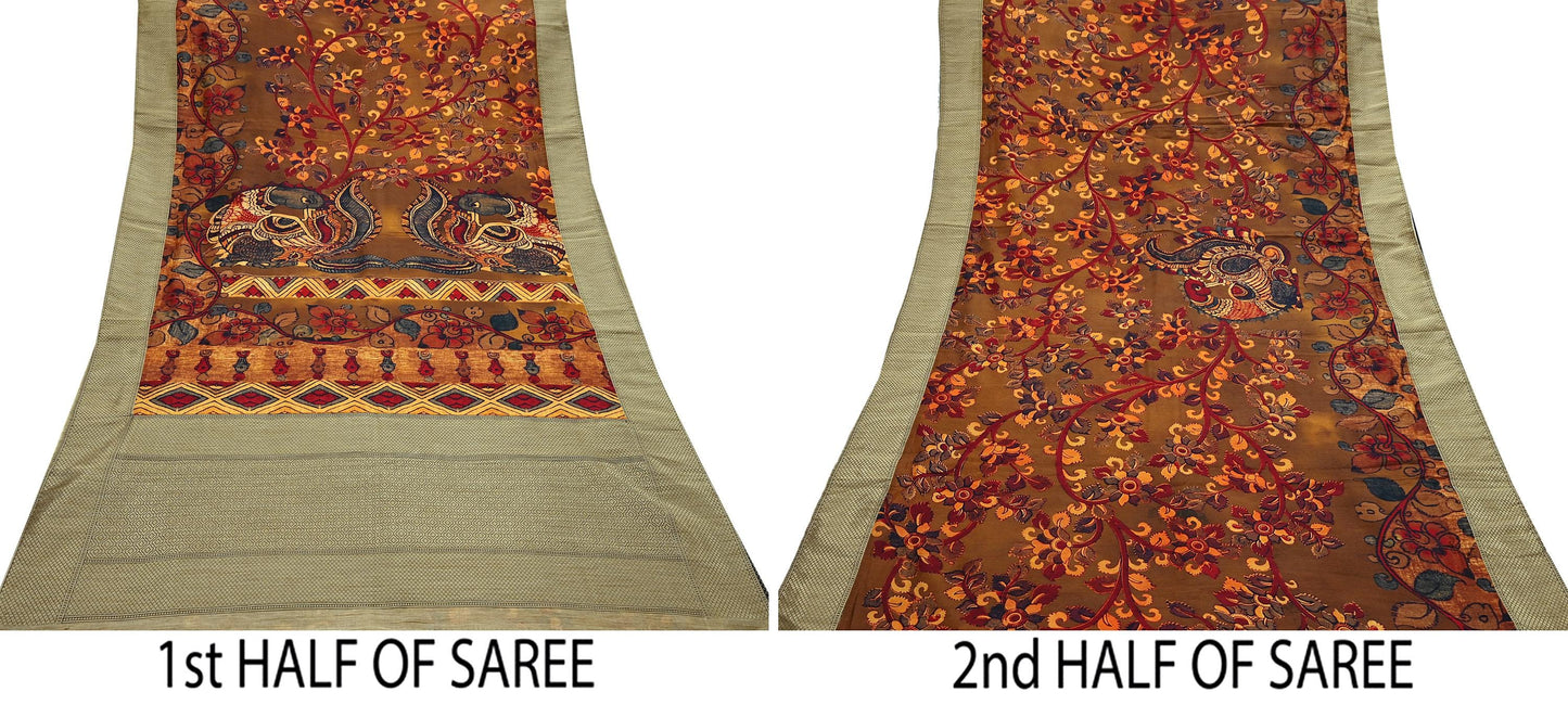 Indian Vintage Brown Saree Blend Silk Kalamkari Sari Craft Fabric 5yd Ethnic Wear Floral Crafting Quilting Peacock Design