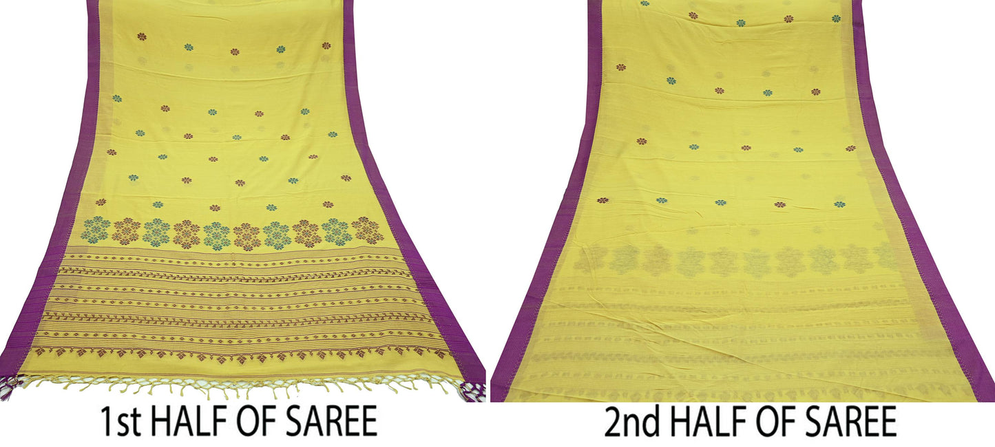 Indian Vintage Sari Lemon Green Pure Cotton Hand Woven Sarees Craft Fabric 6yd Ethnic Floral Crafting Upcycle Quilting Dress Making Fringes