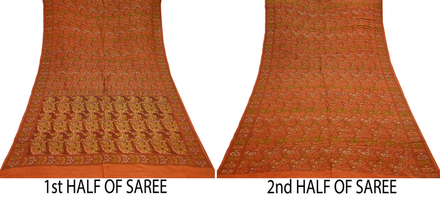 Indian Vintage Sari Orange 100% Pure Silk Hand Woven Sarees Craft Fabric 5Yd Ethnic Sewing Dress making Crafting Quilting Upcycle