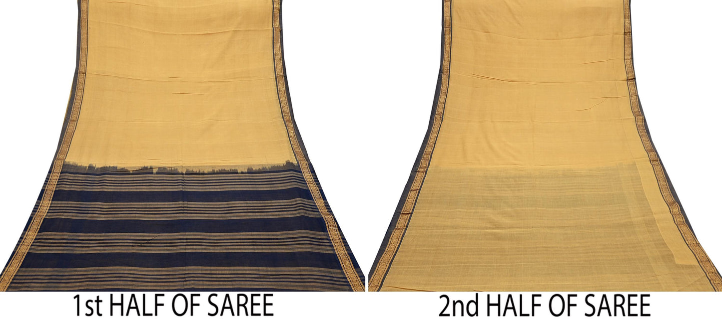 Vintage Sari Yellow & Blue Pure Cotton Hand Woven Sarees Craft Fabric Zari 5Yd Sewing Soft Crafting Dress making Upcycle Quilting Zigzag