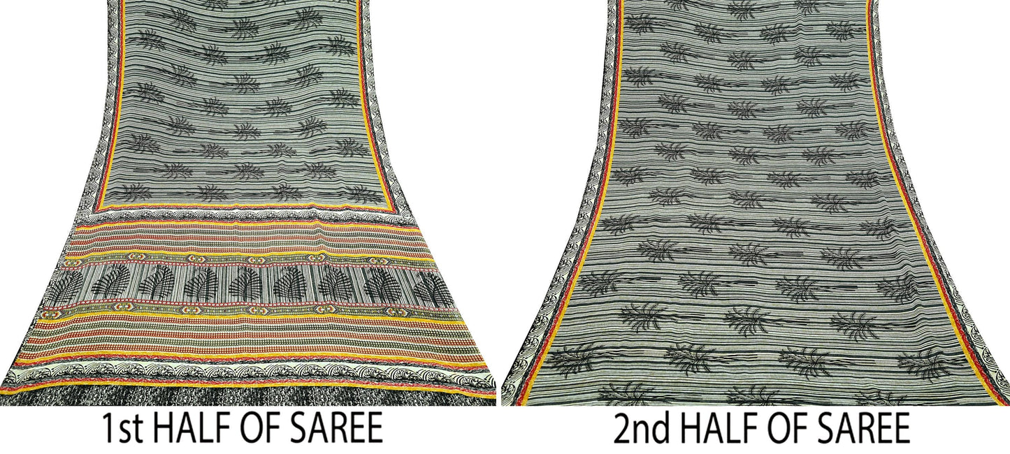 Indian Vintage Moss Crepe Saree Printed Abstract Sari Fabric 5 Yards Soft Craft Fabric for Sewing, Dressmaking, Quilting,Upcycling