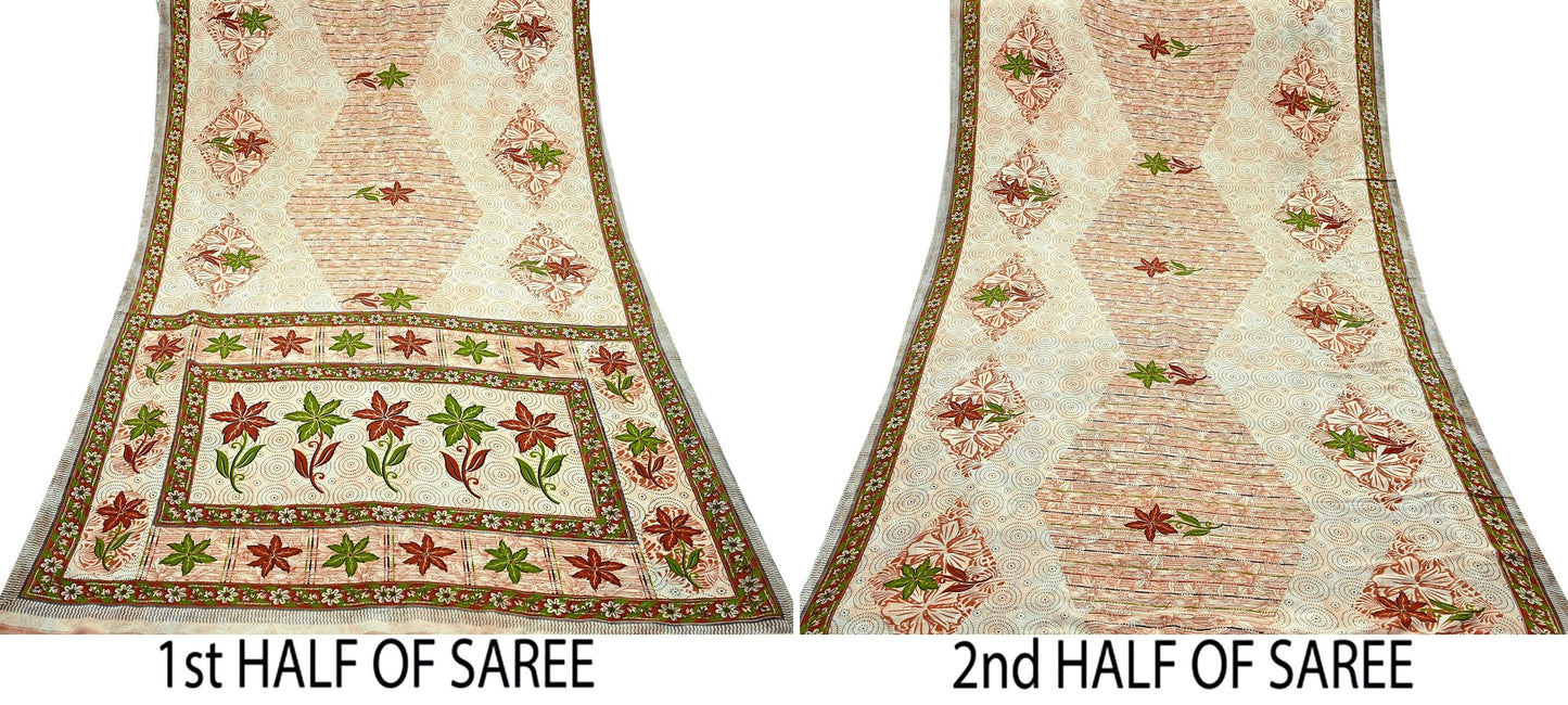 Indian Vintage Saree Brown & Beige Moss Crepe Printed Sari | 5 Yards | Floral Soft Fabric for Sewing, Dressmaking, Crafting, Quilting