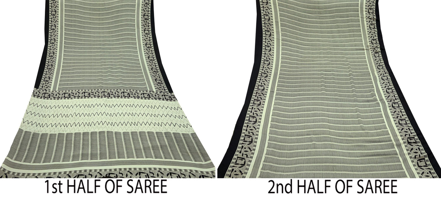 Indian Vintage Moss Crepe Saree Printed Abstract Sari Fabric 5 Yards Soft Craft Fabric for Sewing, Dressmaking, Quilting,Upcycling