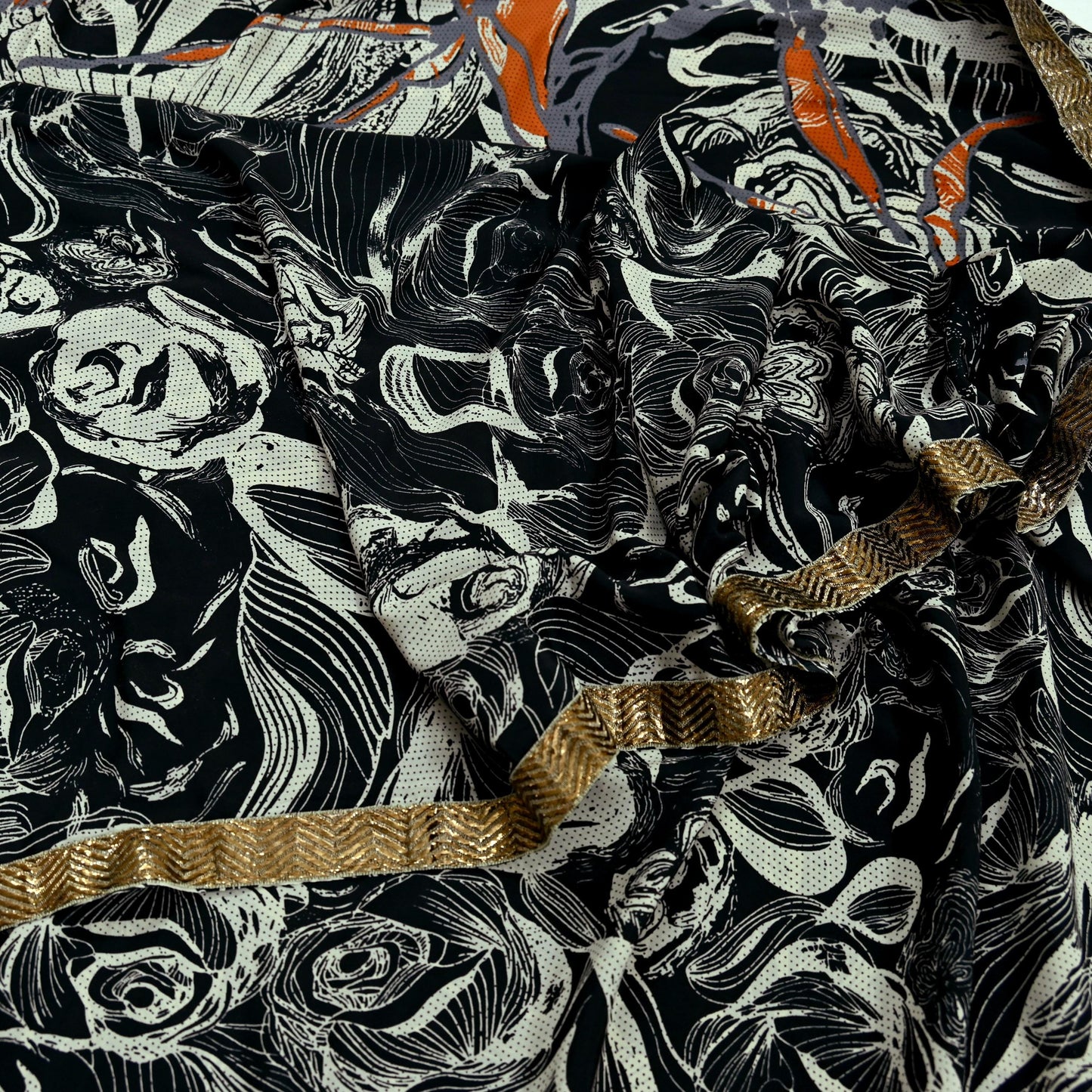Indian Vintage Moss Crepe Saree Printed Abstract Sari Fabric 5 Yards Soft Craft Fabric for Sewing, Dressmaking, Quilting,Upcycling
