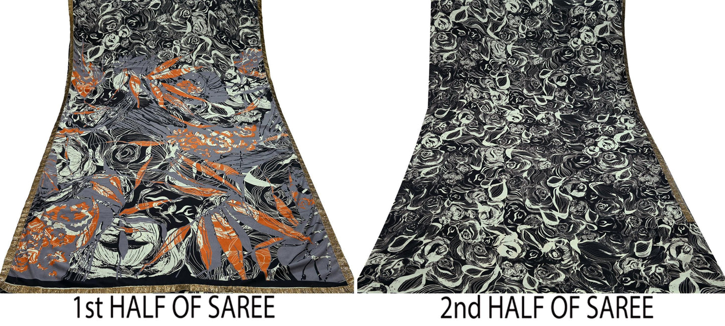 Indian Vintage Moss Crepe Saree Printed Abstract Sari Fabric 5 Yards Soft Craft Fabric for Sewing, Dressmaking, Quilting,Upcycling