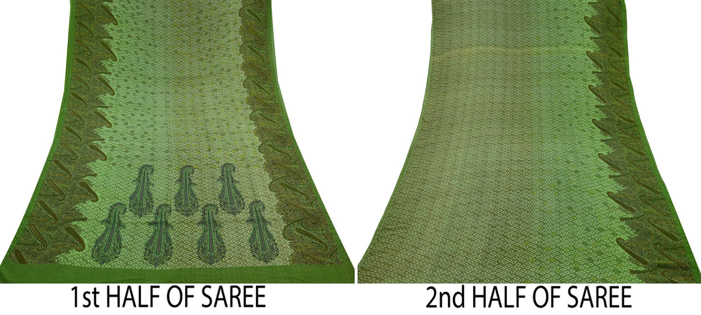 Indian Vintage Sari Green 100% Pure Georgette Silk Printed Sarees Sewing 5yd Craft Soft Dress Designing for Crafting Abstract