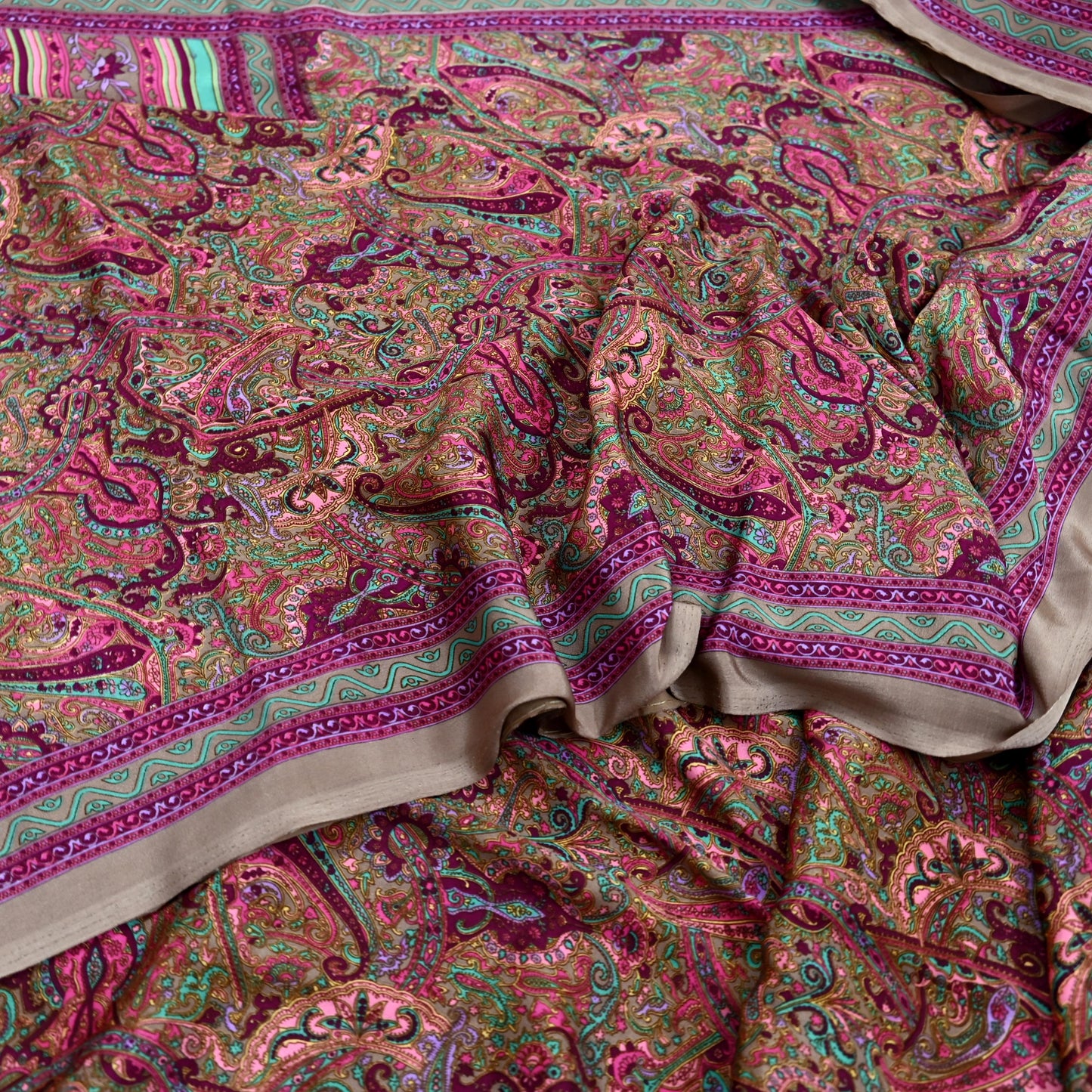 Indian Vintage Saree Purple & Brown Moss Crepe Printed Sari 6 Yards Floral Soft Fabric for Sewing, Dressmaking, Crafting, Quilting