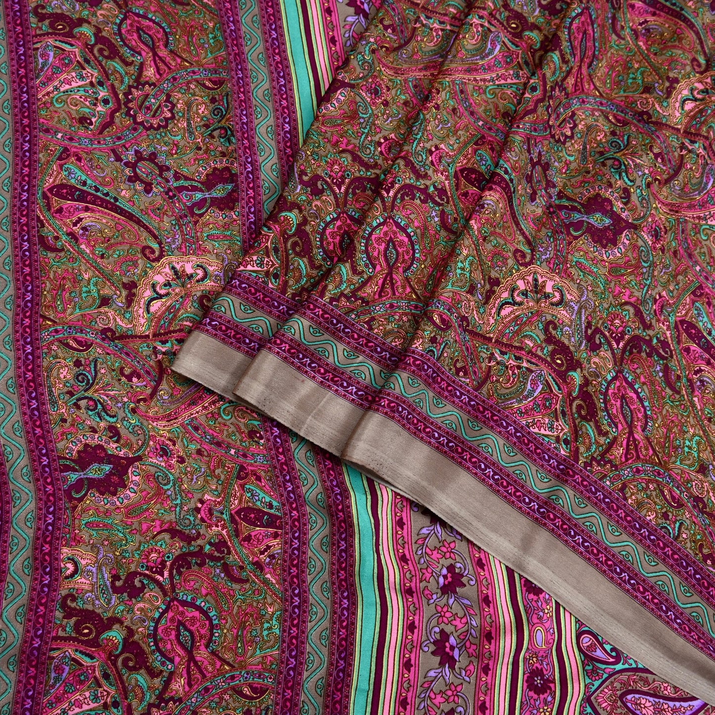 Indian Vintage Saree Purple & Brown Moss Crepe Printed Sari 6 Yards Floral Soft Fabric for Sewing, Dressmaking, Crafting, Quilting