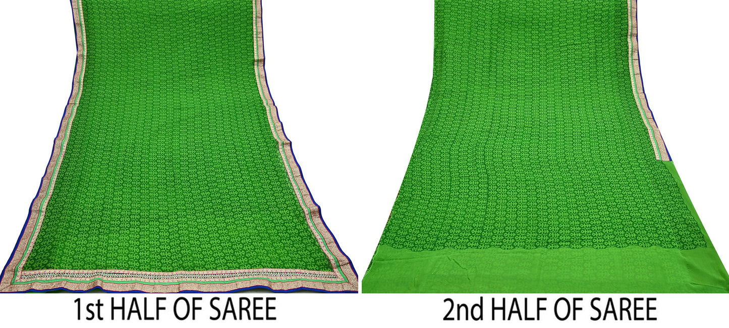 Indian Vintage Green Saree Pure Georgette Silk Hand Embroidered Sari Craft Fabric 5Yd Ethnic Soft Dress making Crafting Quilting