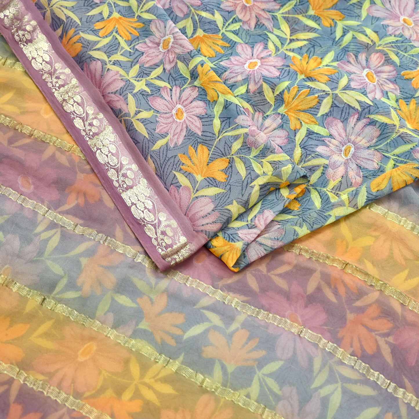 Women Vintage Sari Gray Pure Georgette Silk Printed Saree Craft Fabric Sewing 5Yard Soft Light Dress Making Floral Zari