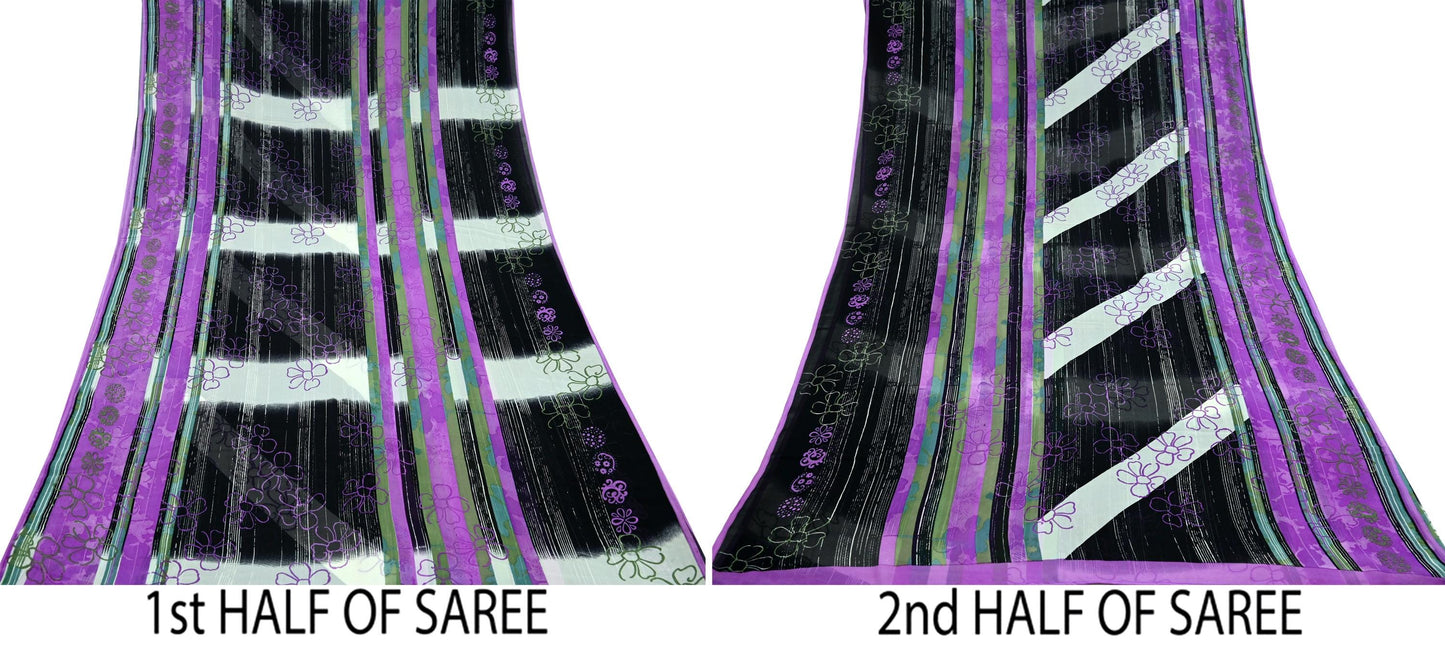 Indian Vintage Sari Purple & Black Pure Georgette Silk Printed Sarees 6Yd Craft Fabric Sewing Soft Dress Making Floral Quilting Used Upcycle