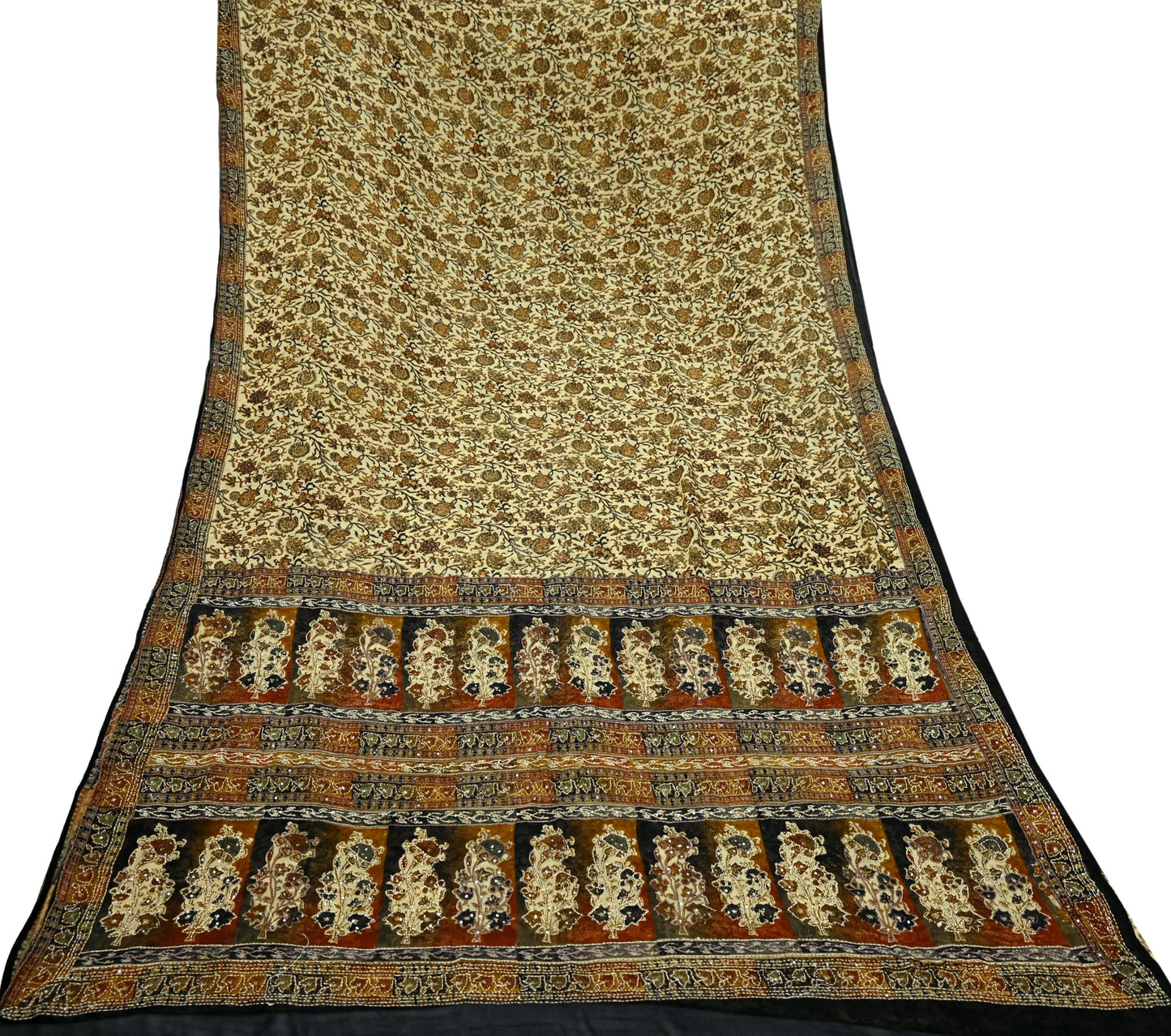 Indian Vintage Beige & black Saree Pure Georgette Silk Hand Embroidered Kantha Sari Craft Fabric 5yd Sewing Floral Soft Sequins Dress making