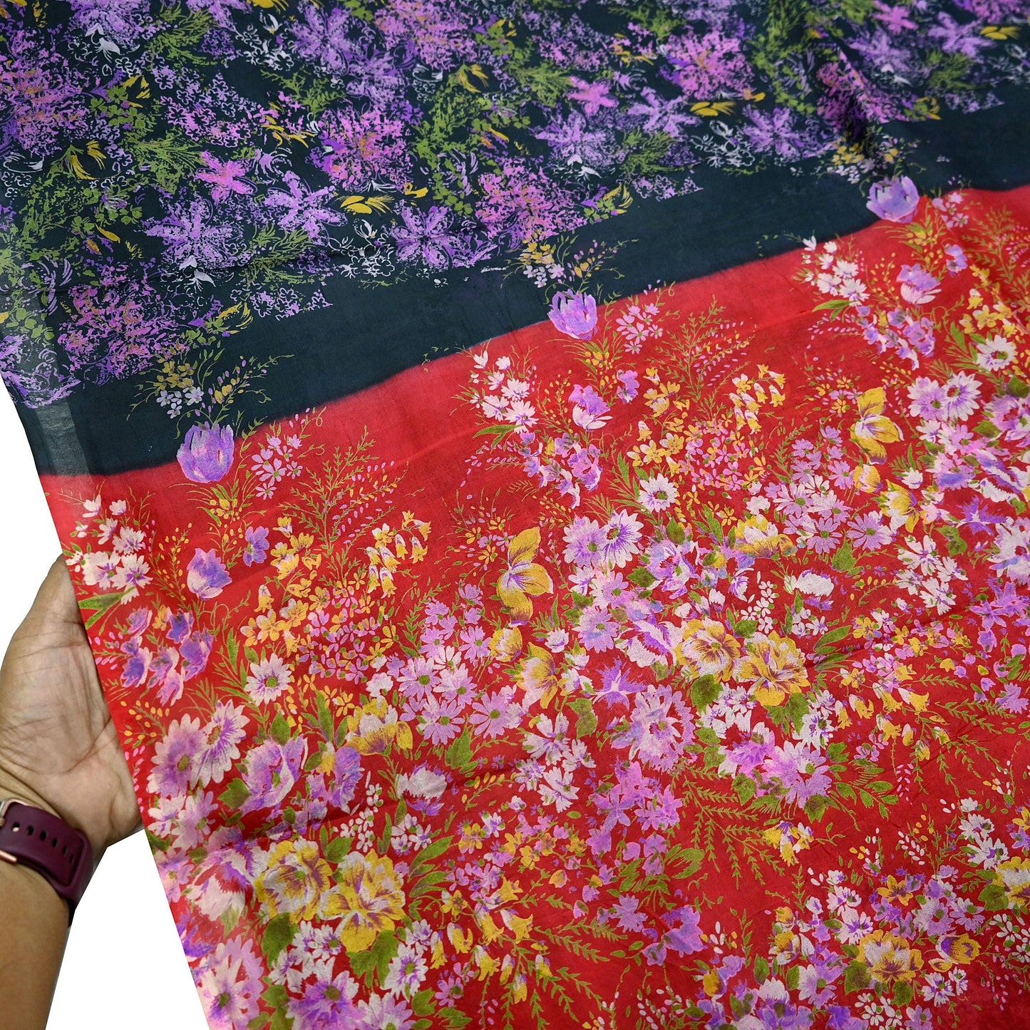 Indian Vintage Red & Black Pure Silk Printed Saree 5 Yards Soft Floral Fabric for Dressmaking, Quilting, Crafting, Sewing, Dress Making