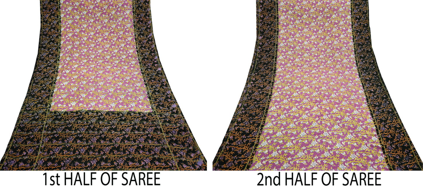 Vintage Sari Pink & Black Pure Silk Printed Saree Fabric 5yard Sewing Soft Dress Designing for Crafting Quilting Upcycle Soft Zari Border