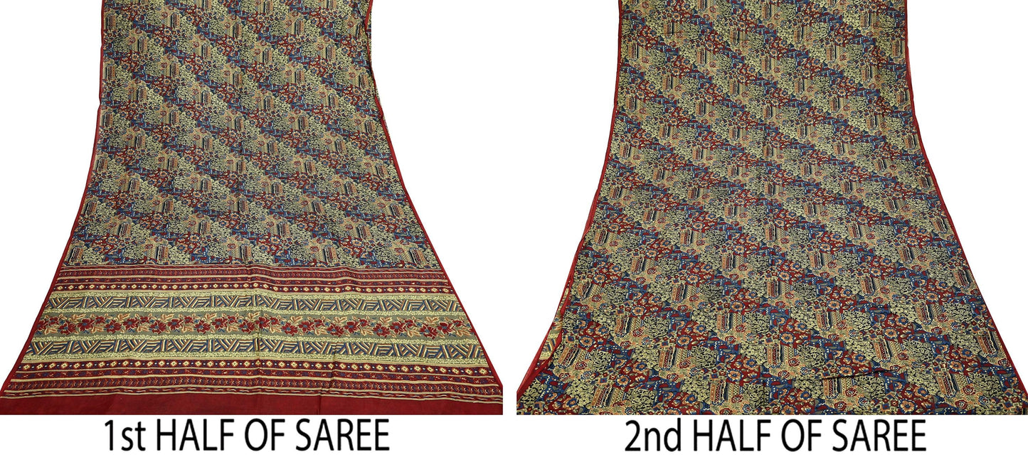 Indian Vintage Multi Pure Silk Printed Saree 5Yards Soft Floral Fabric for Dressmaking, Quilting, Crafting, Sewing, Dress Making
