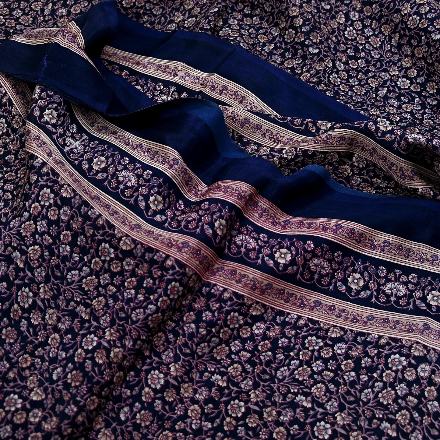 Indian Vintage Blue Pure Silk Printed Saree 5 Yards Soft Floral Fabric for Dressmaking, Quilting, Crafting, Sewing & Upcycling Dress Making