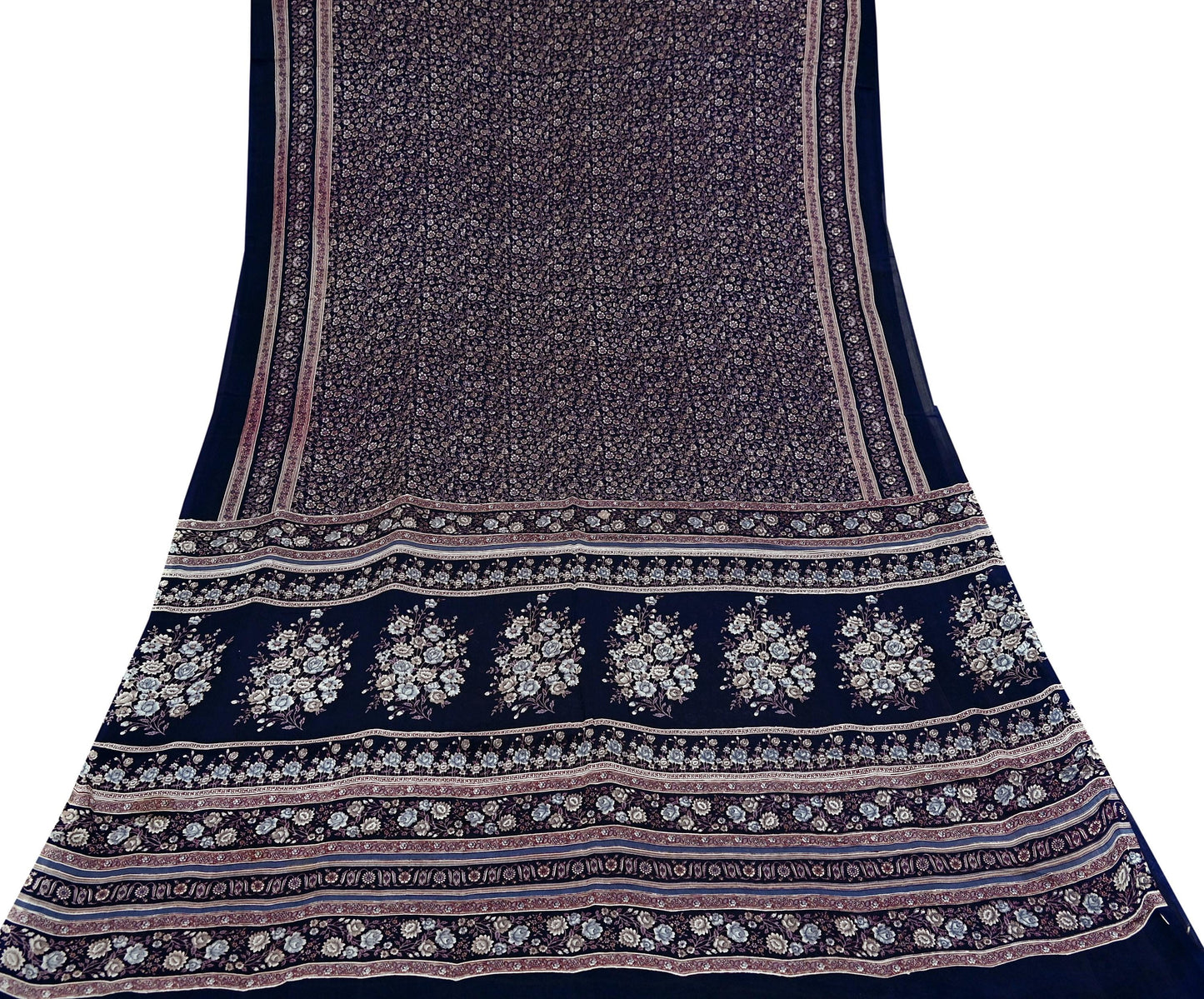 Indian Vintage Blue Pure Silk Printed Saree 5 Yards Soft Floral Fabric for Dressmaking, Quilting, Crafting, Sewing & Upcycling Dress Making