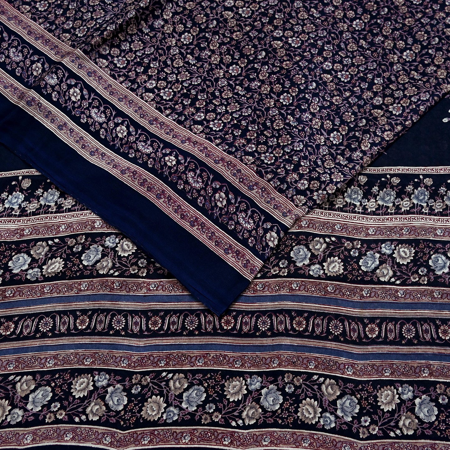 Indian Vintage Blue Pure Silk Printed Saree 5 Yards Soft Floral Fabric for Dressmaking, Quilting, Crafting, Sewing & Upcycling Dress Making
