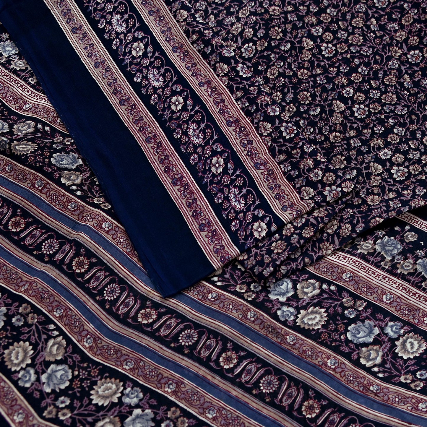 Indian Vintage Blue Pure Silk Printed Saree 5 Yards Soft Floral Fabric for Dressmaking, Quilting, Crafting, Sewing & Upcycling Dress Making
