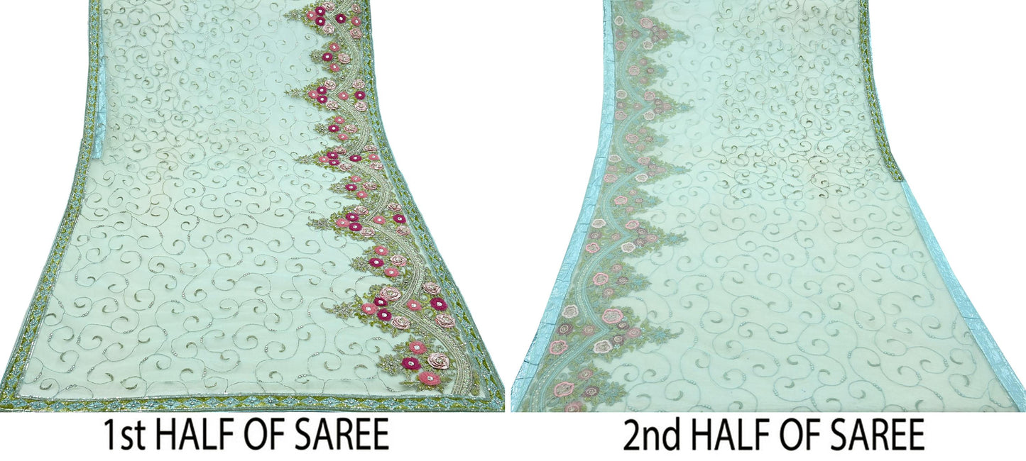 Indian Vintage Sea Green Net Saree | Heavy Hand Embroidery |6 Yards Soft Mesh Fabric | Includes Blouse & Ideal for Crafting Wedding Wear