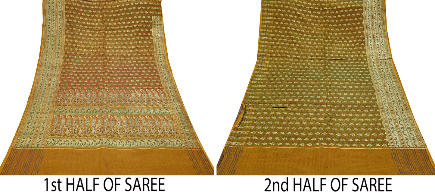 Indian Vintage Sari Saffron Heavy Wedding Artificial Silk Woven Brocade Banarasi Sarees Ethnic Zari 5Yd Dress Making Bollywood Sari Crafting