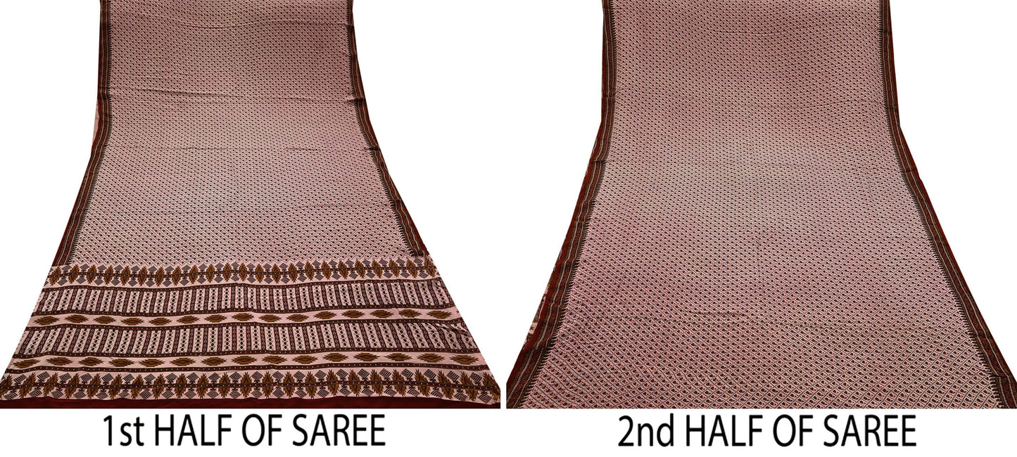 Indian Vintage Peach Maroon Pure Crepe Silk Saree Floral Print 5 Yards Soft Sewing Fabric for Dressmaking, Quilting, Crafting & Upcycling