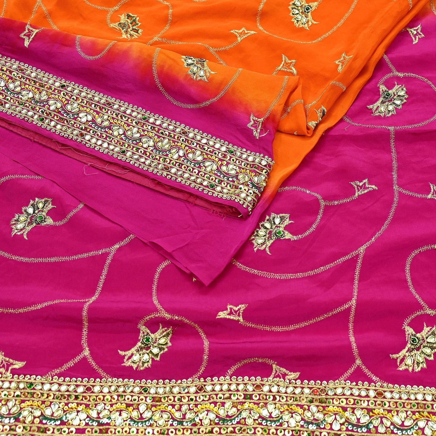 Indian Vintage Saree Pure Crepe Silk Hand Embroidered with Zardozi 5 Yards Soft Fabric for Sewing, Dressmaking, Craft Projects