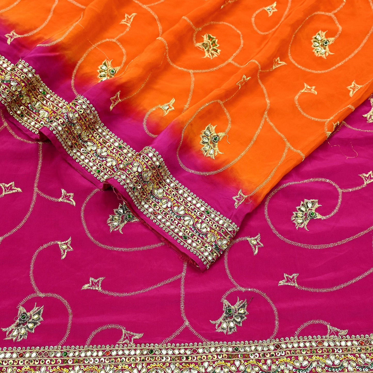 Indian Vintage Saree Pure Crepe Silk Hand Embroidered with Zardozi 5 Yards Soft Fabric for Sewing, Dressmaking, Craft Projects