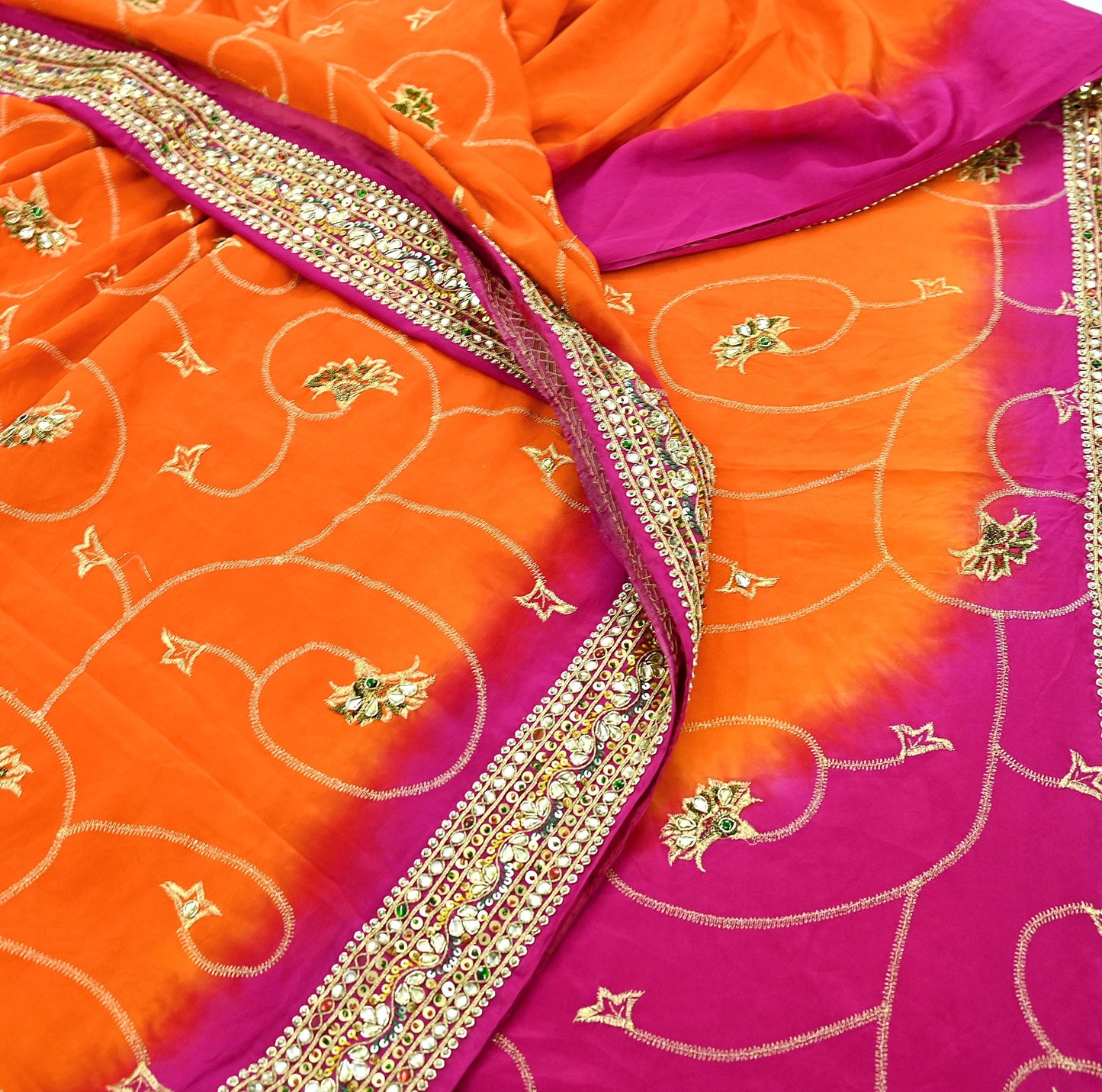 Indian Vintage Saree Pure Crepe Silk Hand Embroidered with Zardozi 5 Yards Soft Fabric for Sewing, Dressmaking, Craft Projects