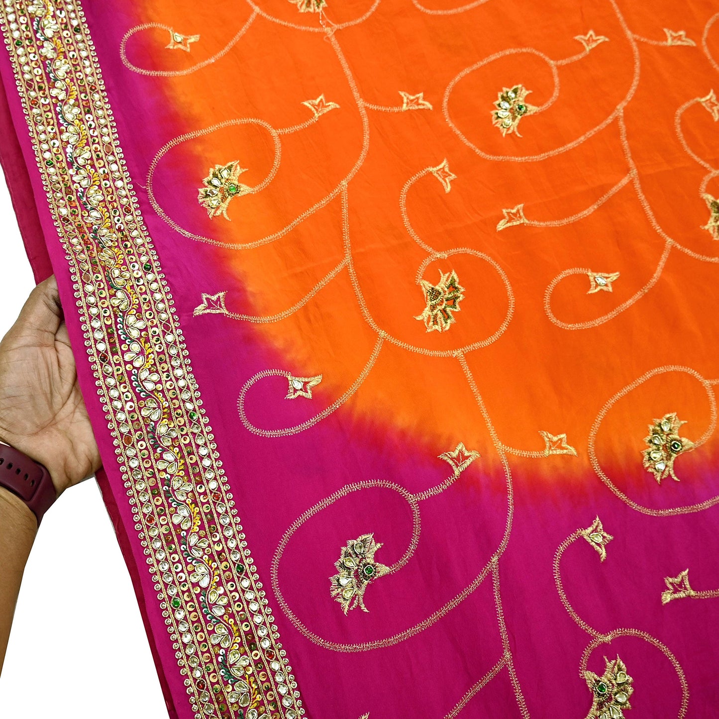 Indian Vintage Saree Pure Crepe Silk Hand Embroidered with Zardozi 5 Yards Soft Fabric for Sewing, Dressmaking, Craft Projects