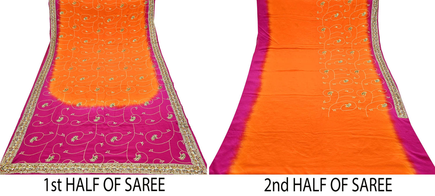 Indian Vintage Saree Pure Crepe Silk Hand Embroidered with Zardozi 5 Yards Soft Fabric for Sewing, Dressmaking, Craft Projects