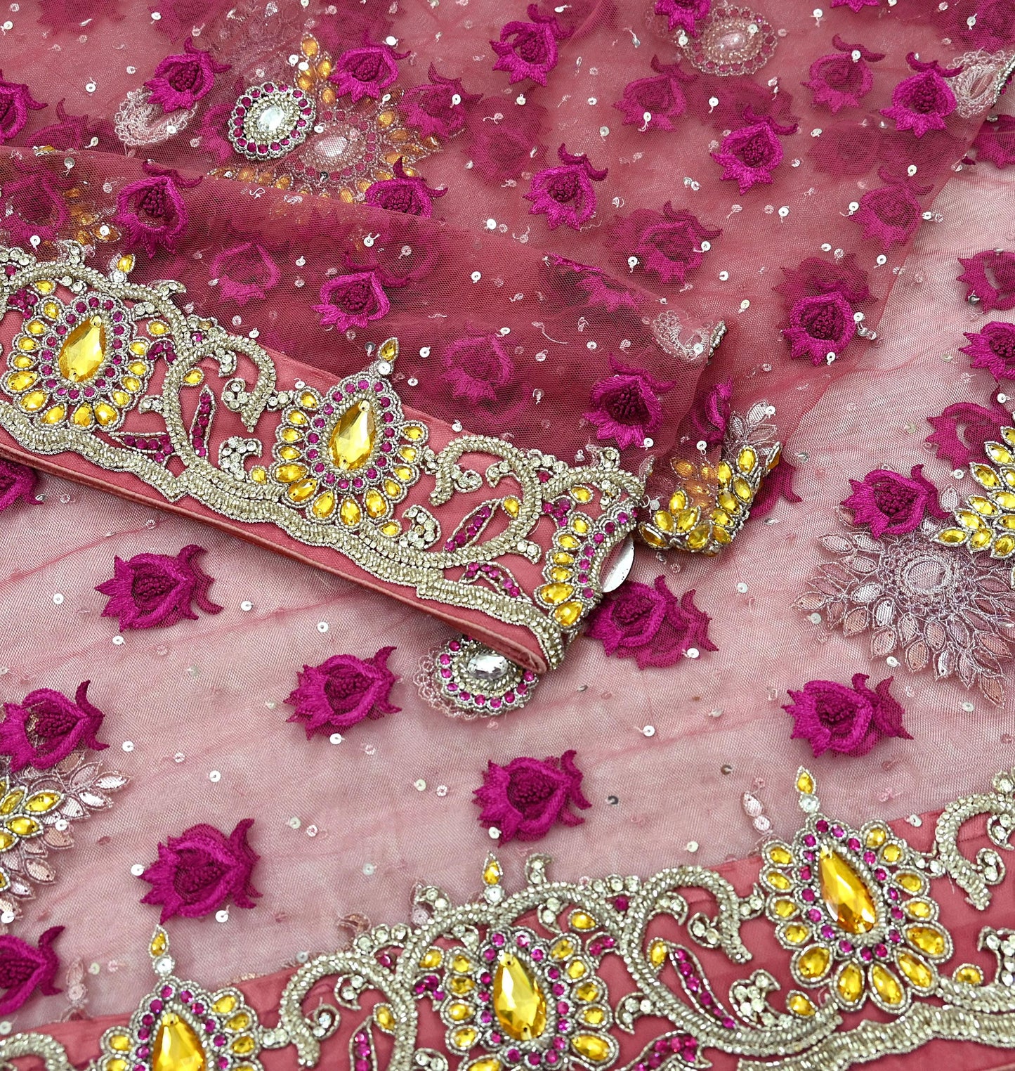 Indian Vintage Heavy Bridal Pink Dupatta Net Mesh Long Stole Hand Embroidered Scarves Golden Zardozi Dabka Zari Sequins Wedding Veil Hijab