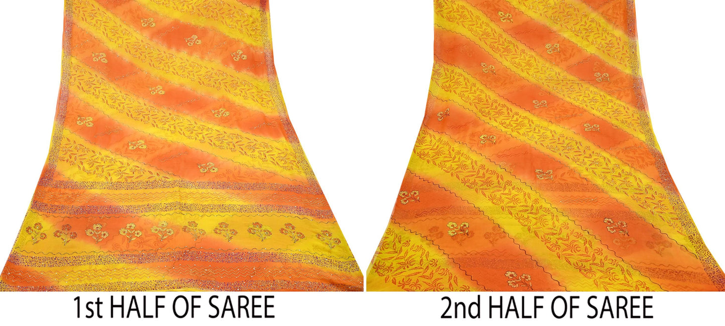 Indian Vintage Red Saree Pure Georgette Silk Hand Embroidered Kantha Sari Craft Fabric 5yd Sewing Floral Soft Sequins Dress making